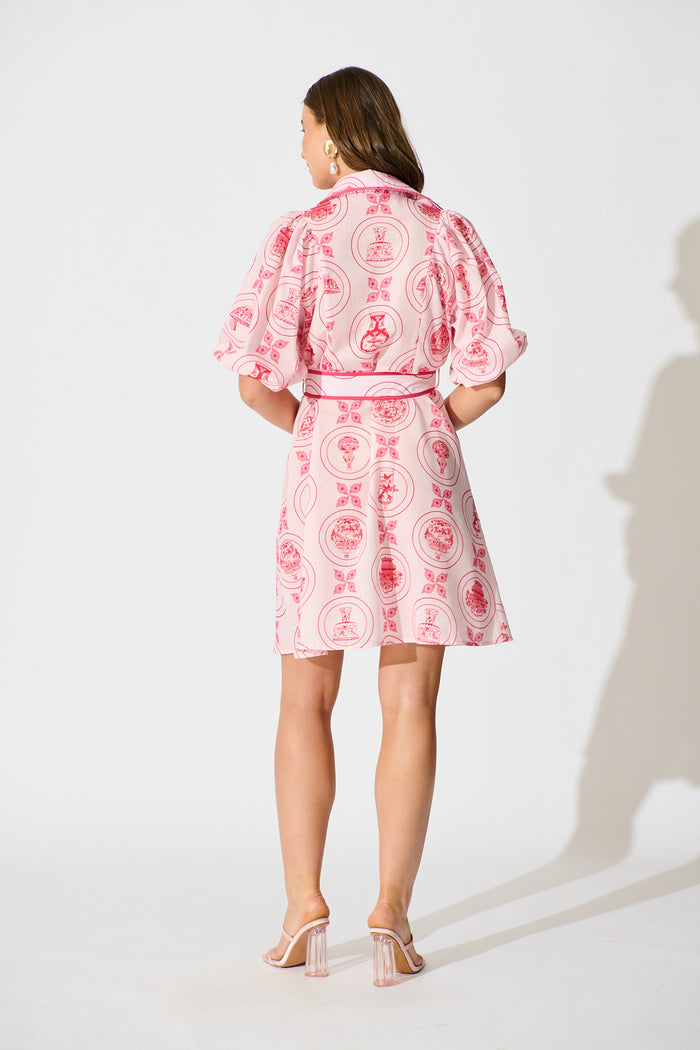 Brooks Shirt Dress in Pink Tiles Linen Blend back