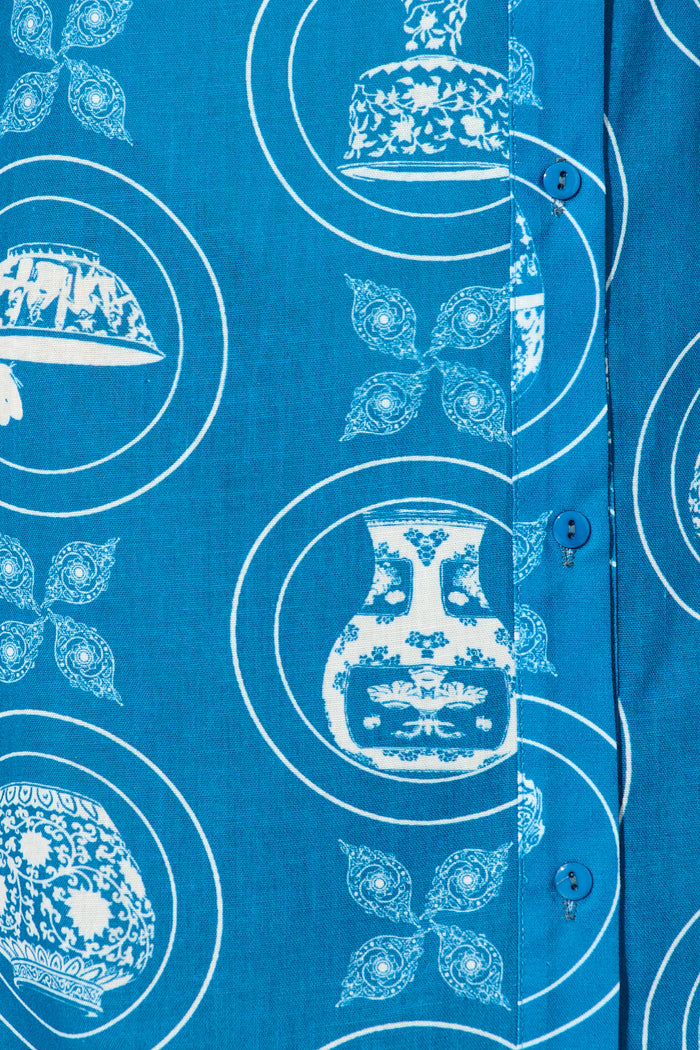 Brooks Shirt Dress in Blue Tiles Linen Blend fabric