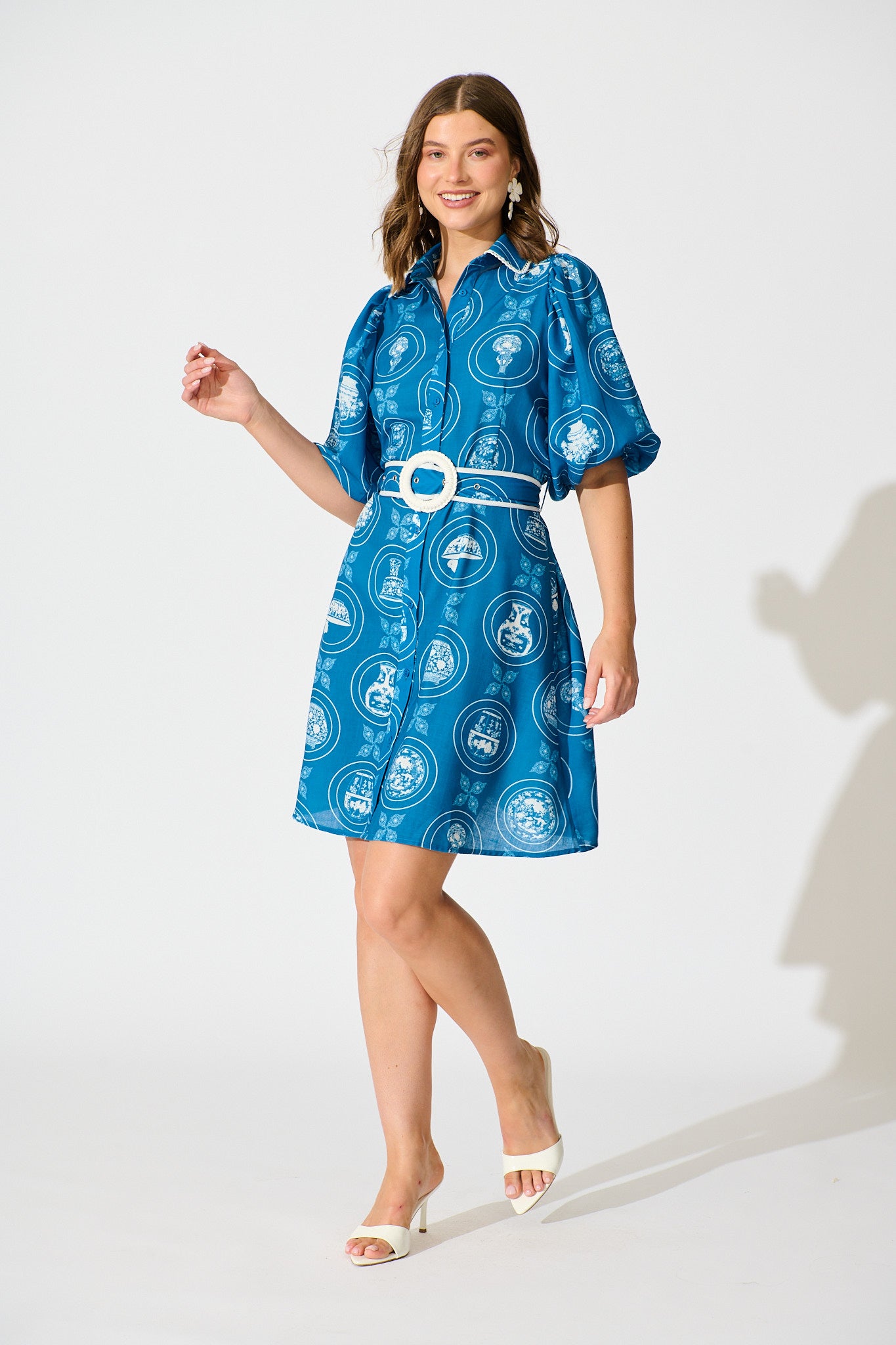 Brooks Shirt Dress in Blue Tiles Linen Blend full length