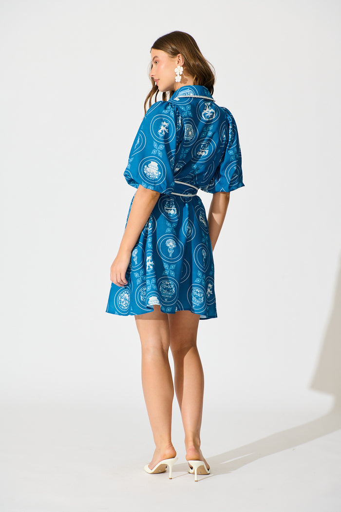 Brooks Shirt Dress in Blue Tiles Linen Blend back