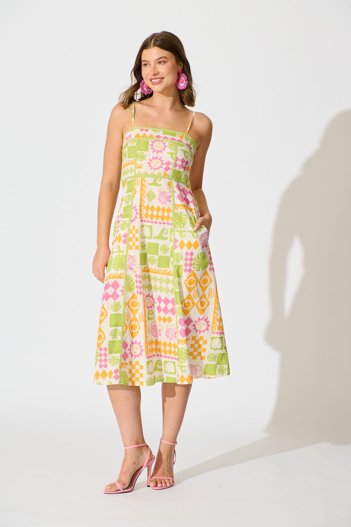 Amylee Midi Sundress in Multi Patchwork Print Cotton full length
