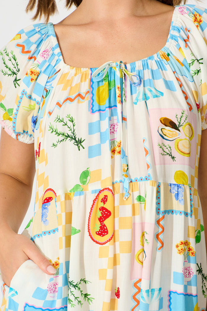 Sharanne Smock Dress in Multi Fruit Print detail