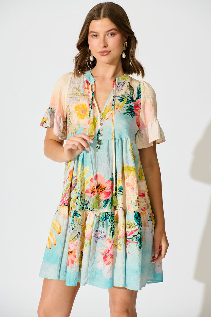 Whimsical Charm Smock Dress in Multi Tropical Floral Print front
