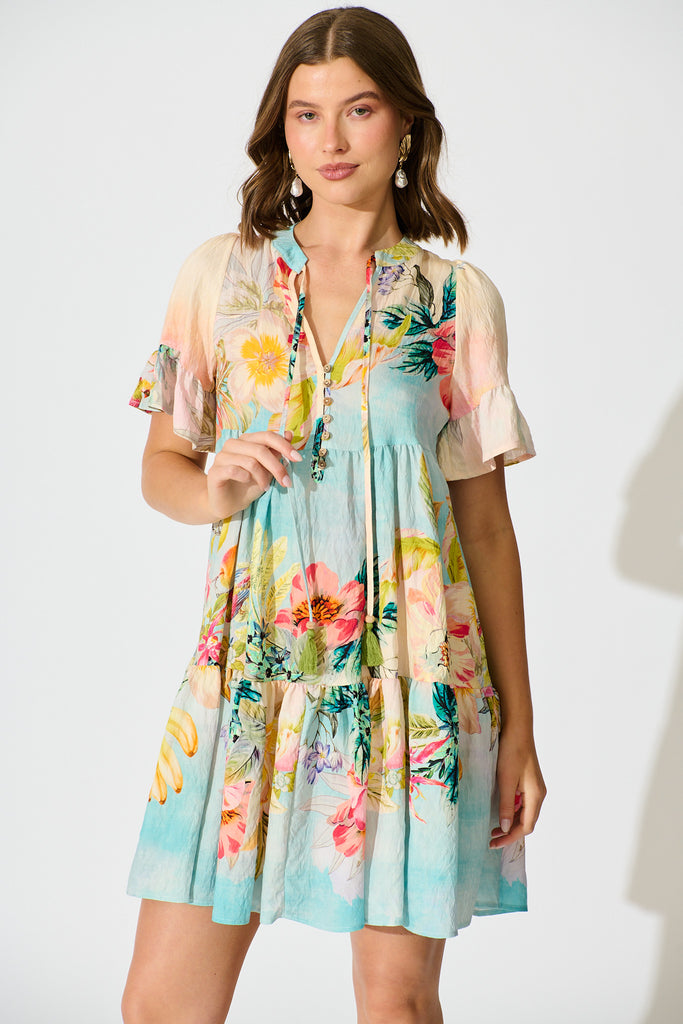 Whimsical Charm Smock Dress in Multi Tropical Floral Print front