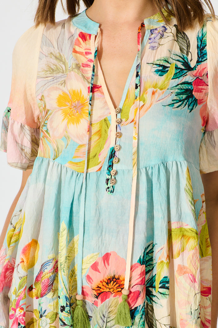 Whimsical Charm Smock Dress in Multi Tropical Floral Print detail