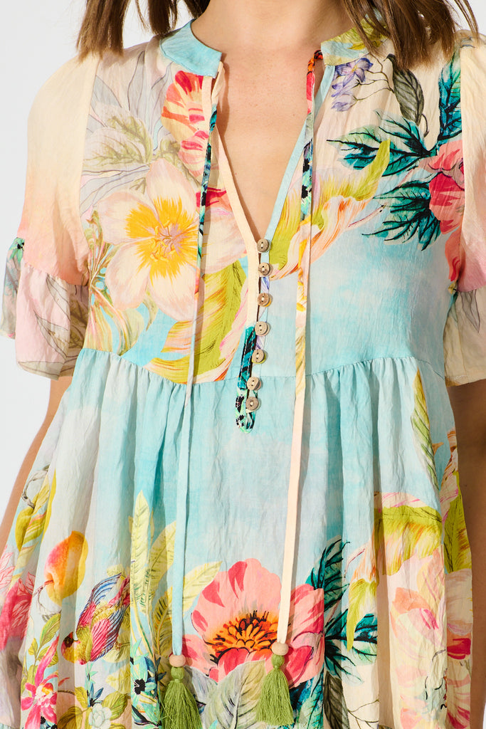 Whimsical Charm Smock Dress in Multi Tropical Floral Print detail