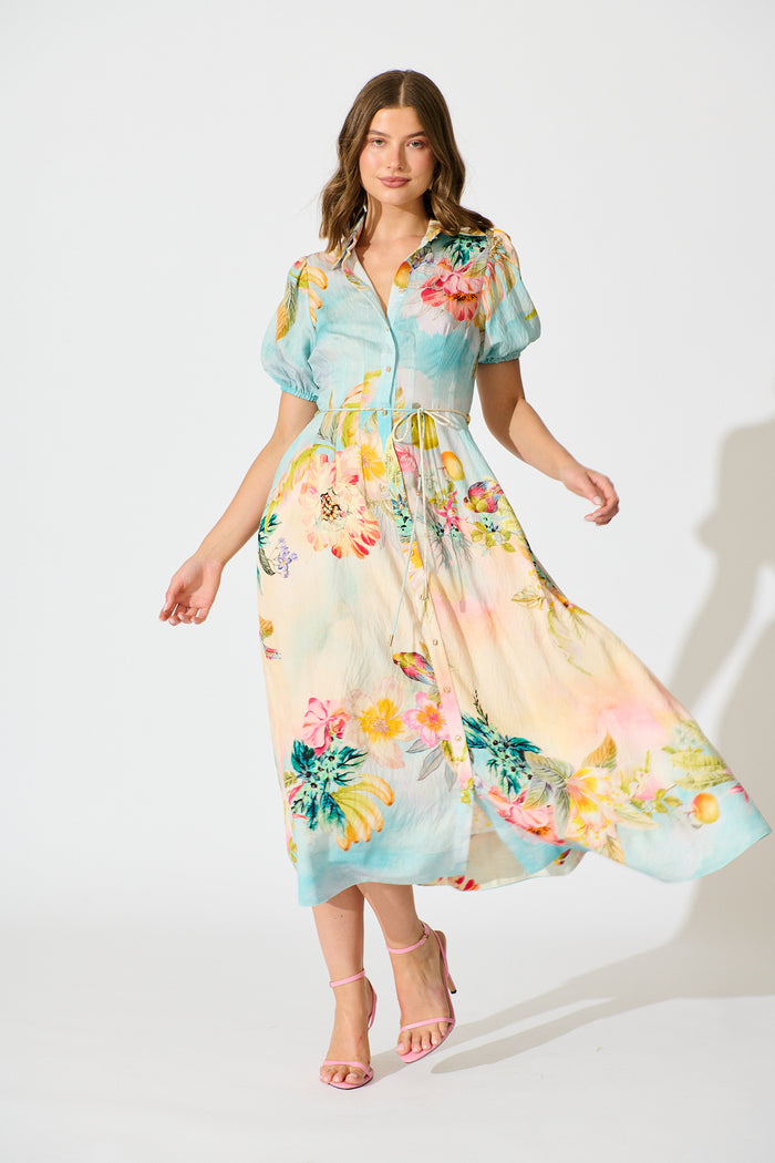Sundrop Midi Shirt Dress in Multi Tropical Floral Print full length