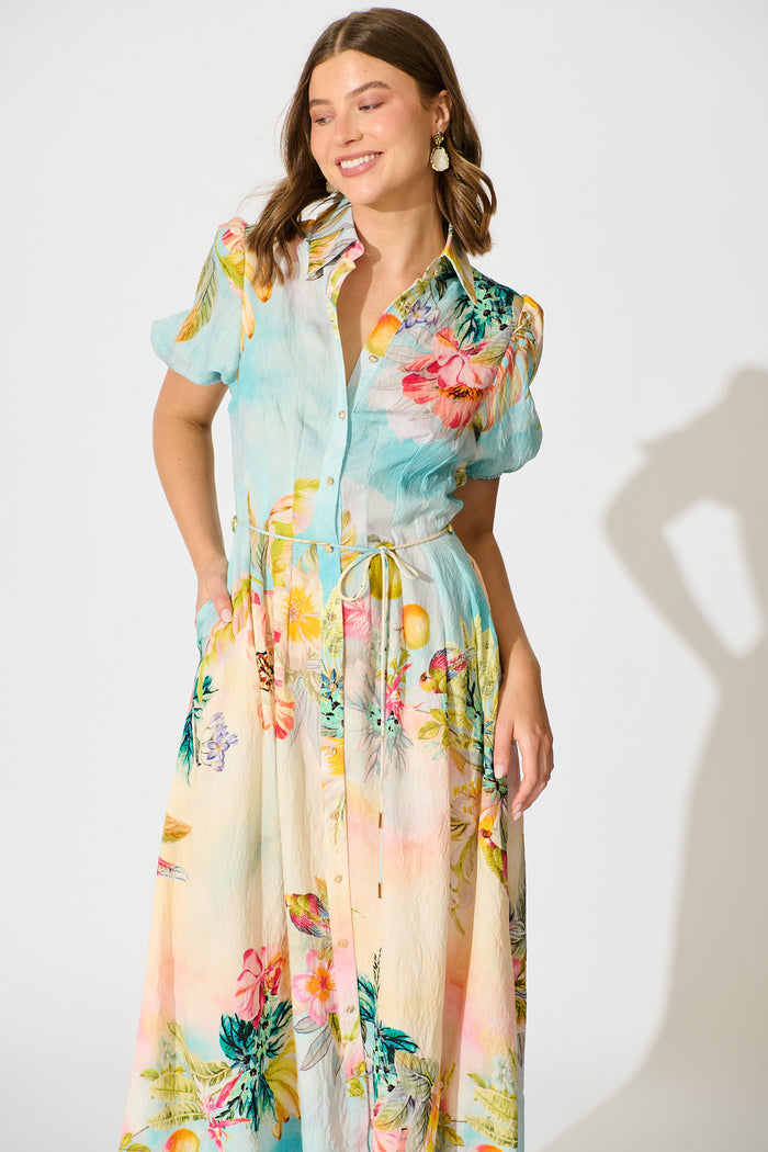 Sundrop Midi Shirt Dress in Multi Tropical Floral Print front