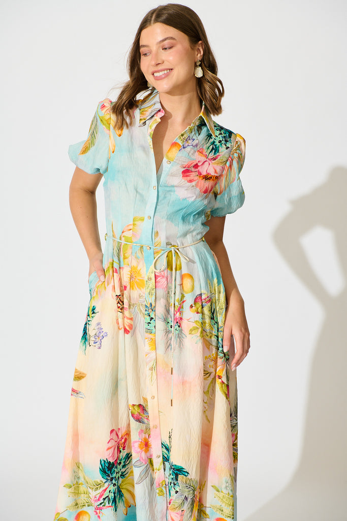 Sundrop Midi Shirt Dress in Multi Tropical Floral Print front