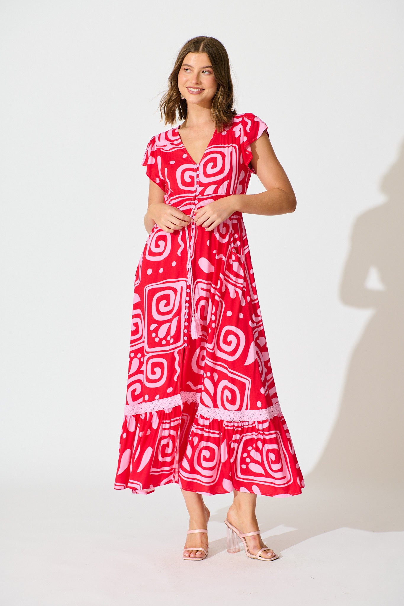Lyanna Midi Dress in Red Geometric Print full length