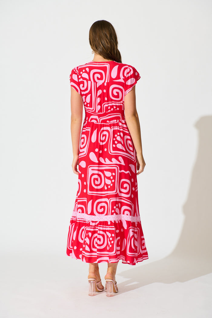 Lyanna Midi Dress in Red Geometric Print back