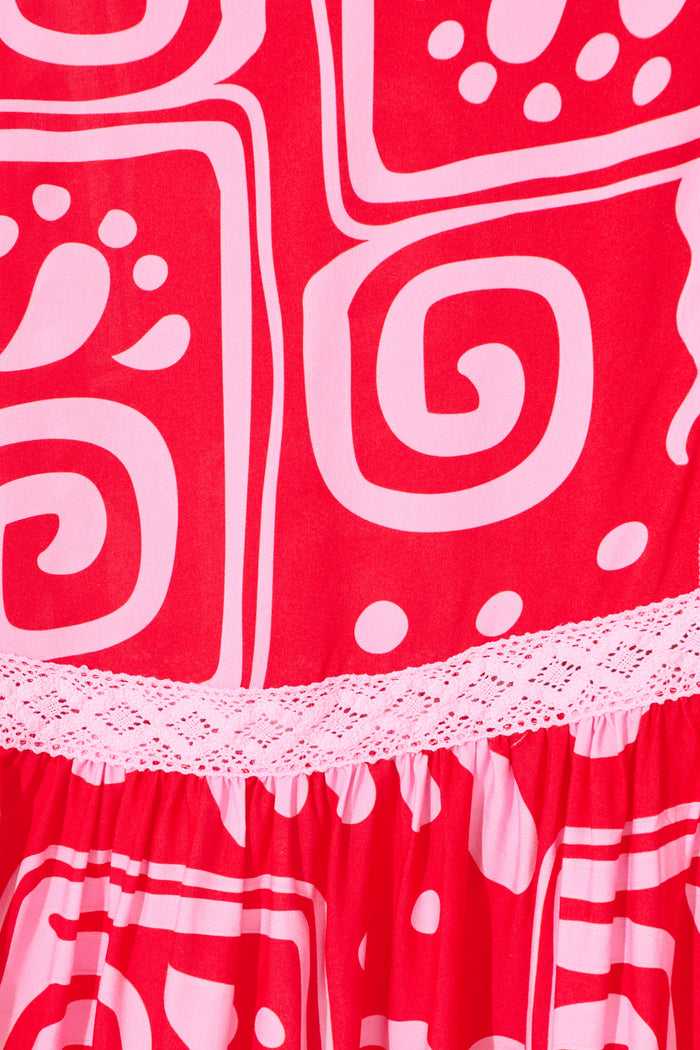 Lyanna Midi Dress in Red Geometric Print fabric