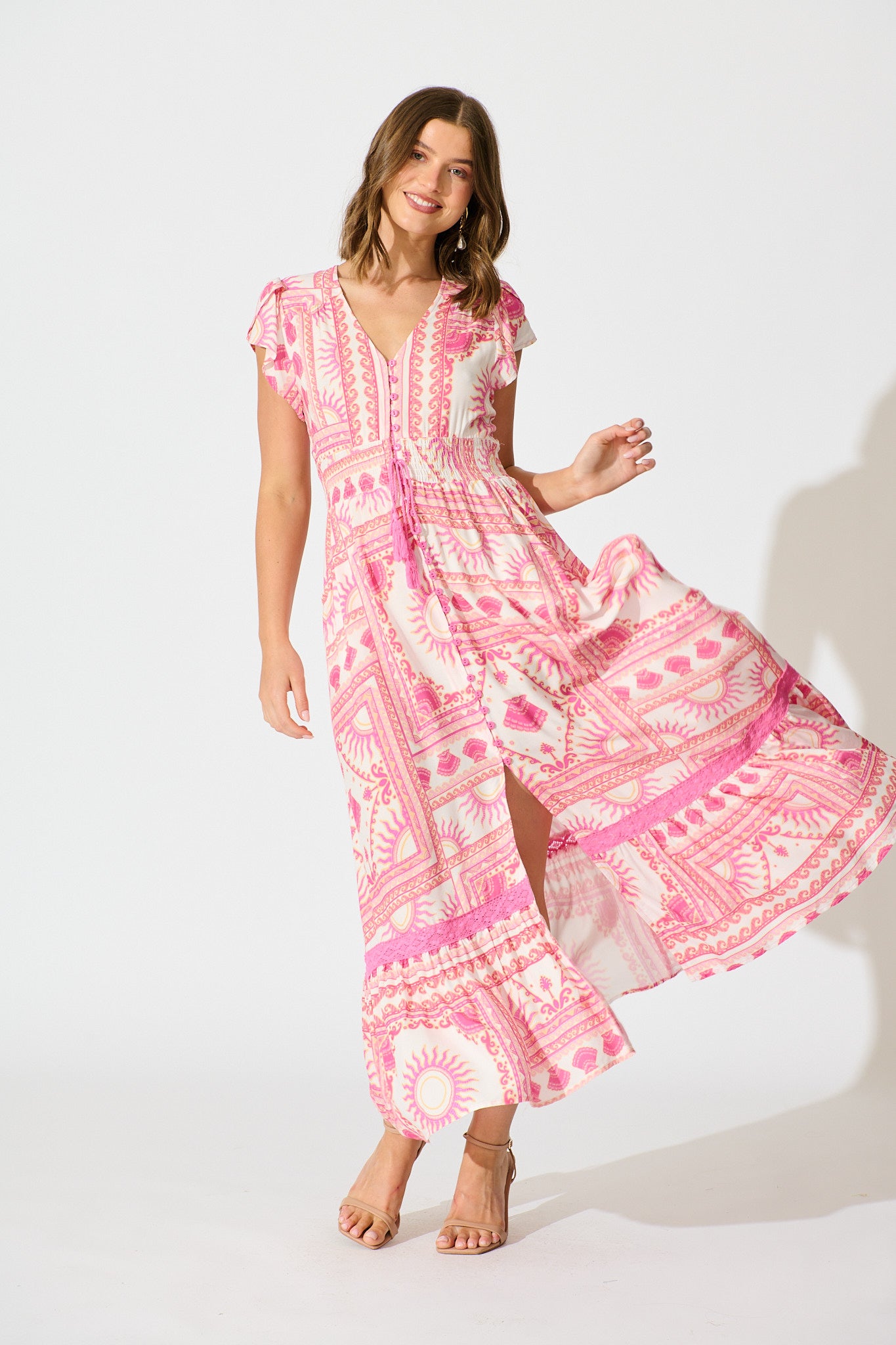 Lyanna Midi Dress in White with Multi Pink Print full length