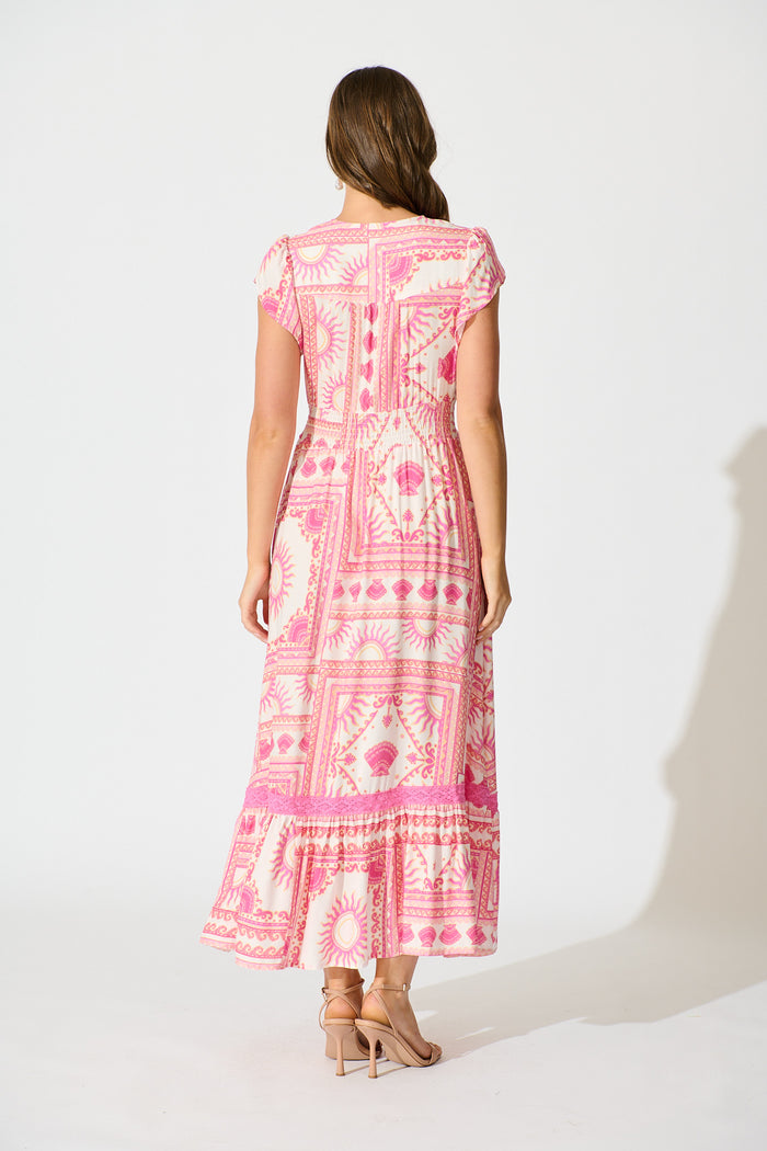 Lyanna Midi Dress in White with Multi Pink Print back