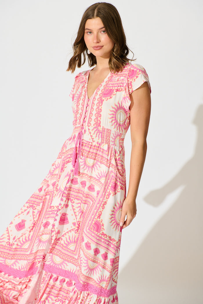 Lyanna Midi Dress in White with Multi Pink Print front