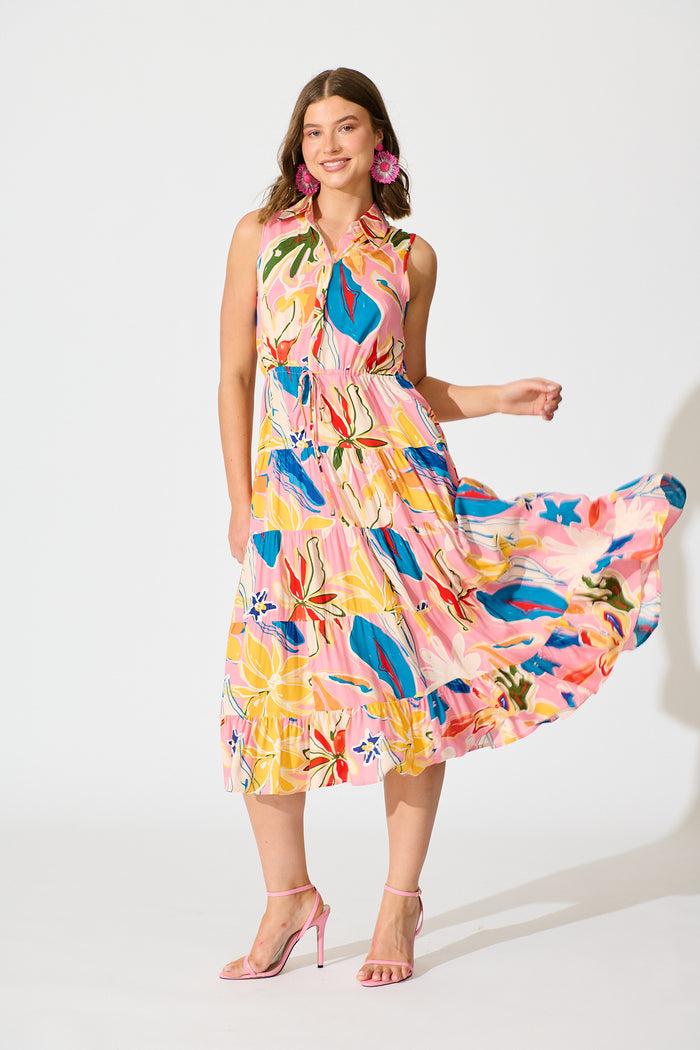 Maelle Midi Dress in Pink with Multi Print