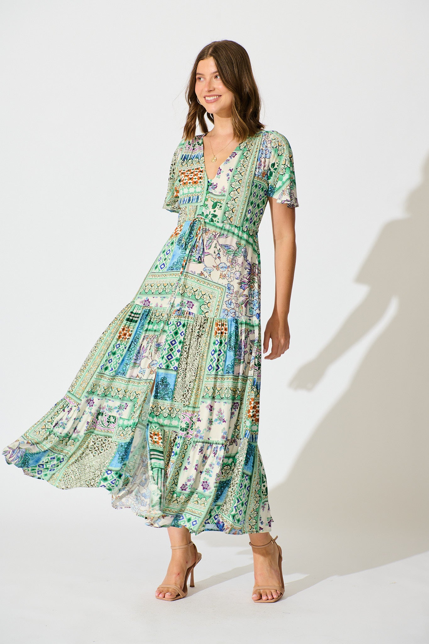 Edda Maxi Dress in Green Multi Patchwork full length