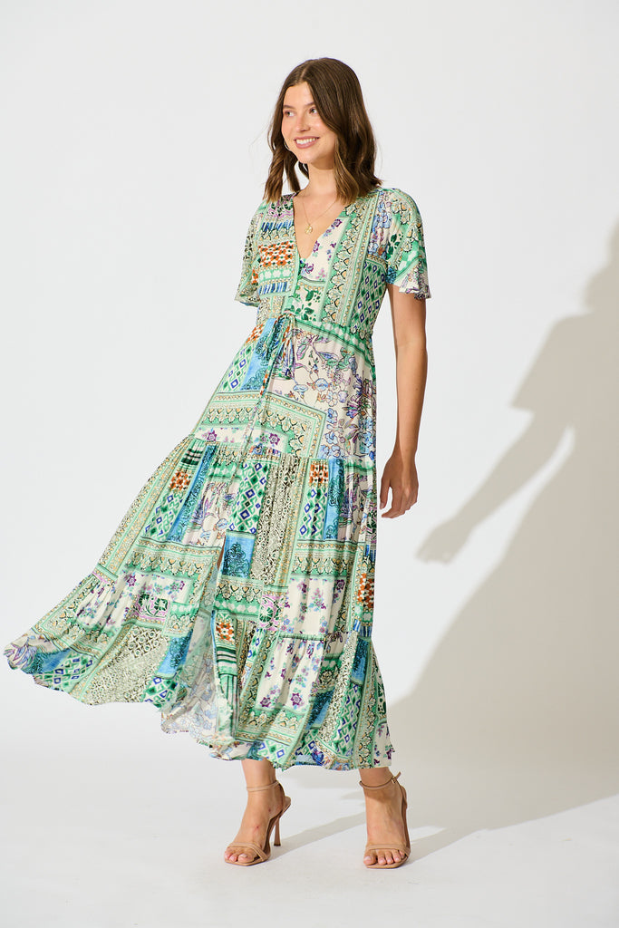 Edda Maxi Dress in Green Multi Patchwork full length