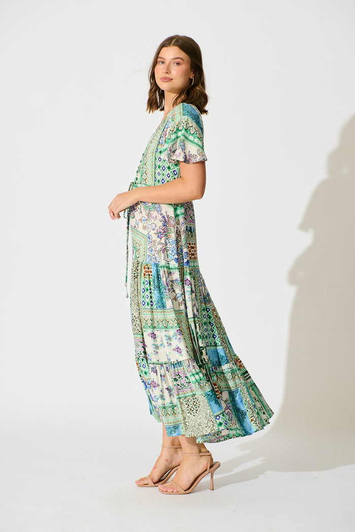 Edda Maxi Dress in Green Multi Patchwork side