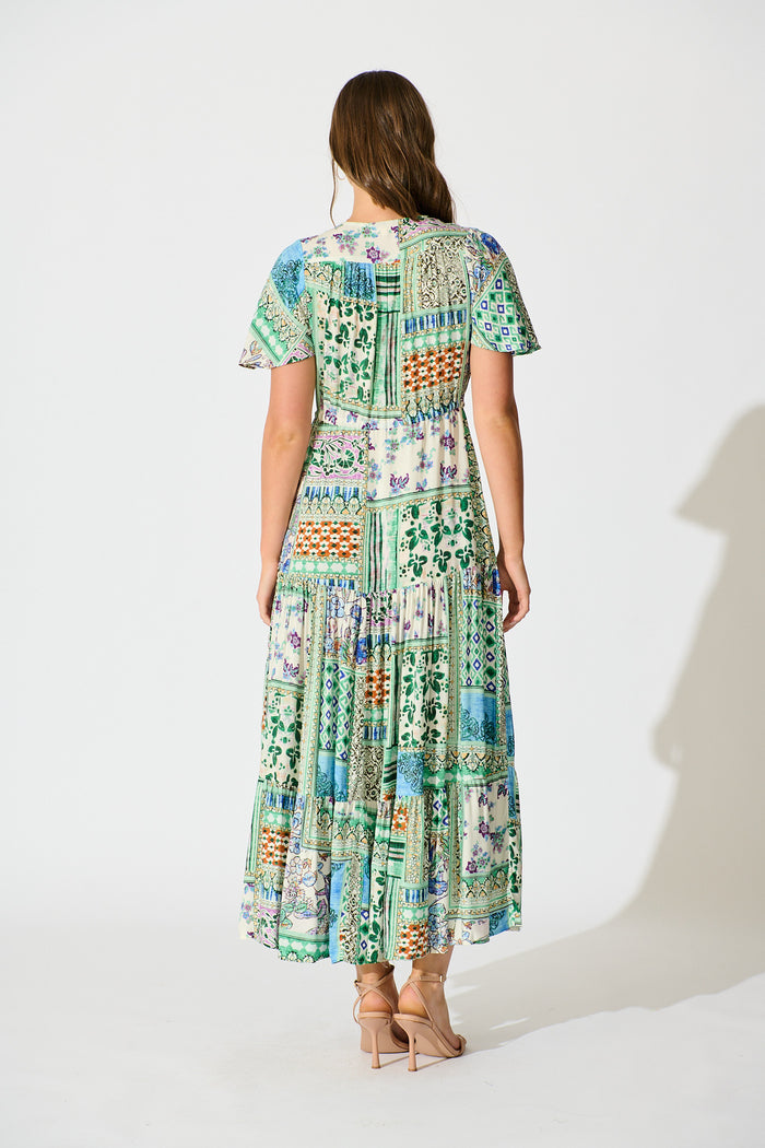 Edda Maxi Dress in Green Multi Patchwork back
