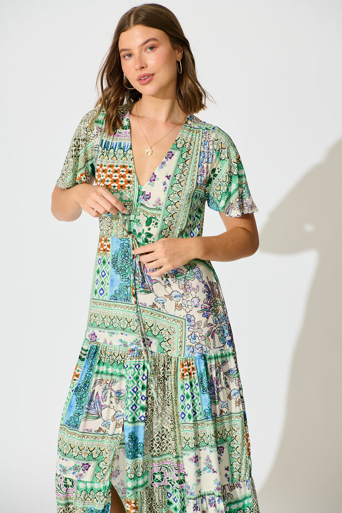Edda Maxi Dress in Green Multi Patchwork front