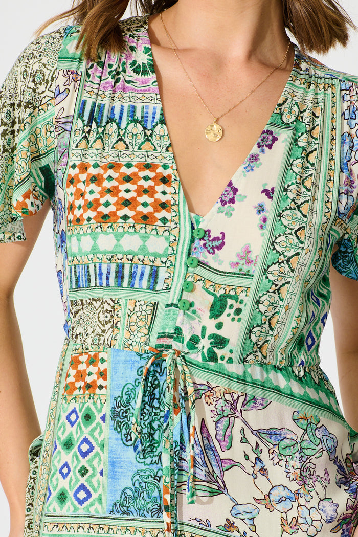 Edda Maxi Dress in Green Multi Patchwork detail