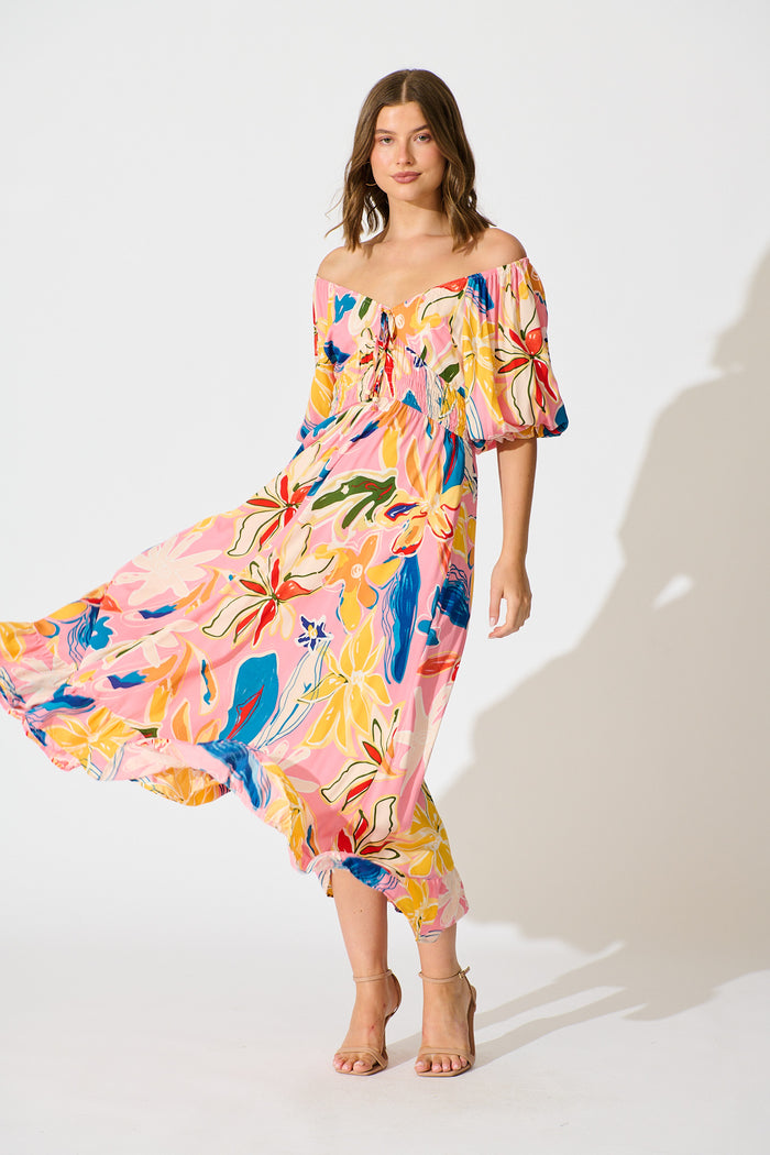 Corali Maxi Dress in Pink with Multi Print full length