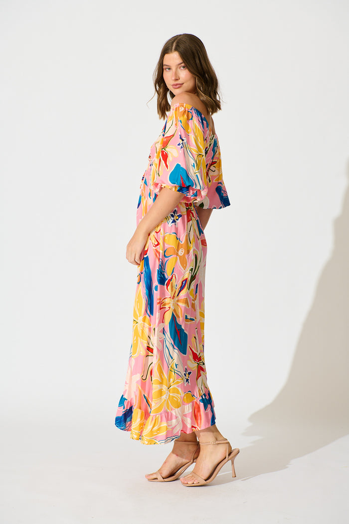 Corali Maxi Dress in Pink with Multi Print side