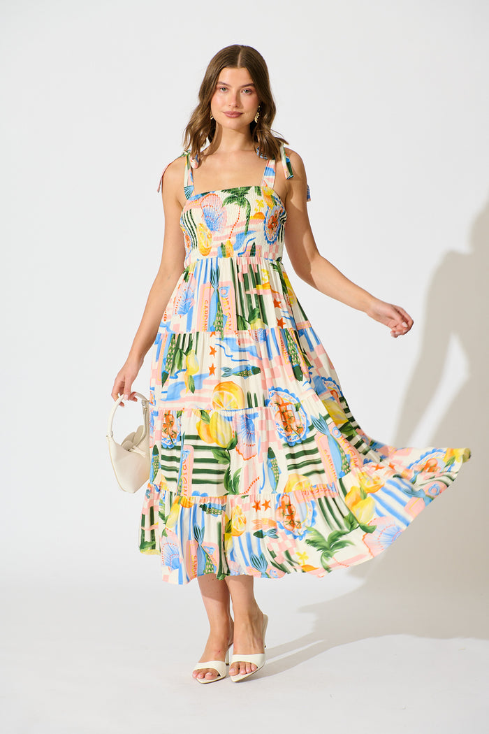 Imali Maxi Sundress in Cream with Multi Fruit Print full length