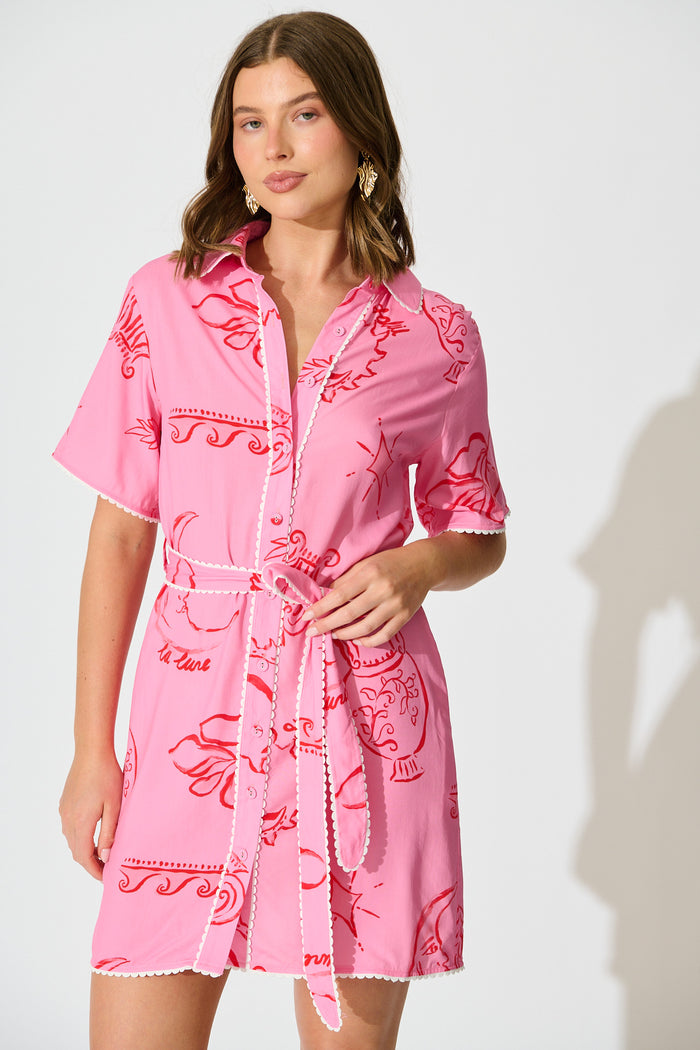 Nerisa Shirt Dress in Pink with Red Print front