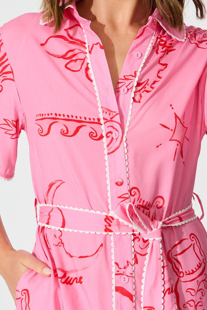 Nerisa Shirt Dress in Pink with Red Print detail