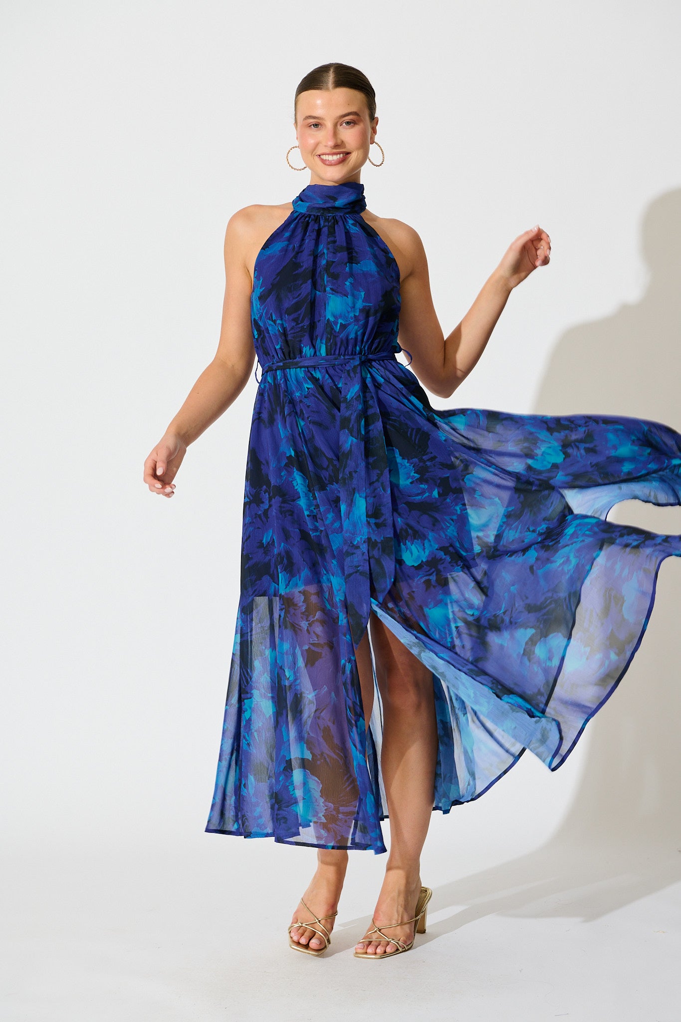 Kiss Me Halter Neck Maxi Dress in Blue Watercolour Print full length