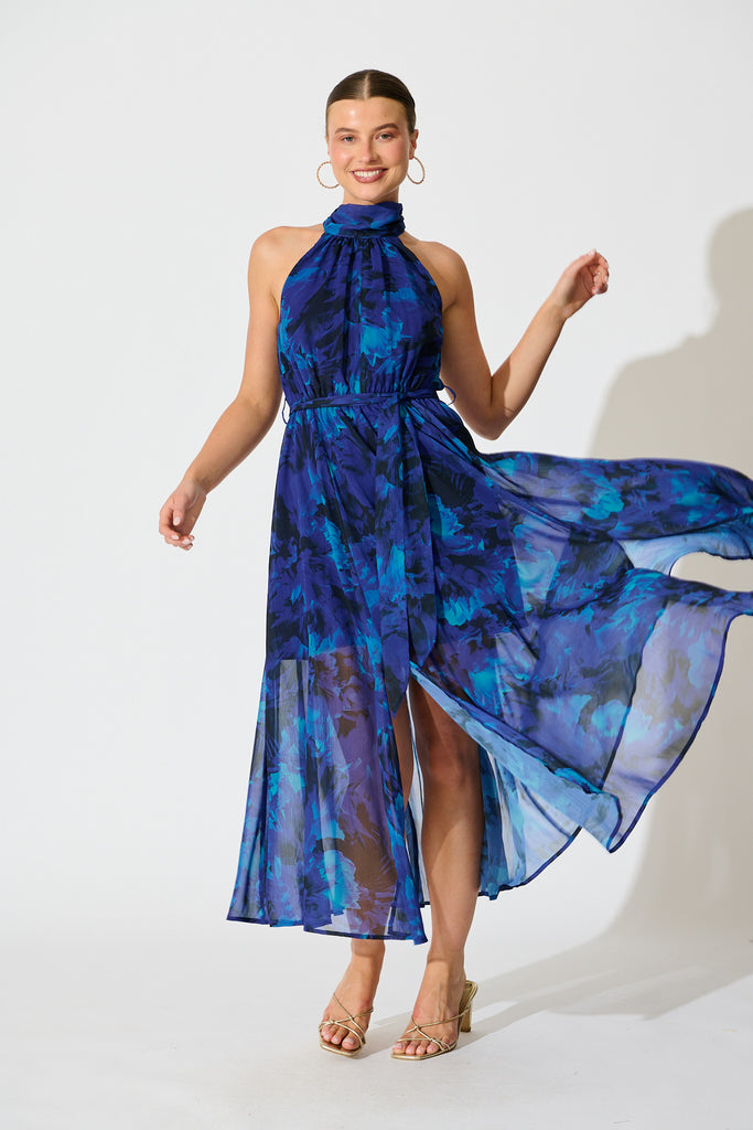 Kiss Me Halter Neck Maxi Dress in Blue Watercolour Print full length