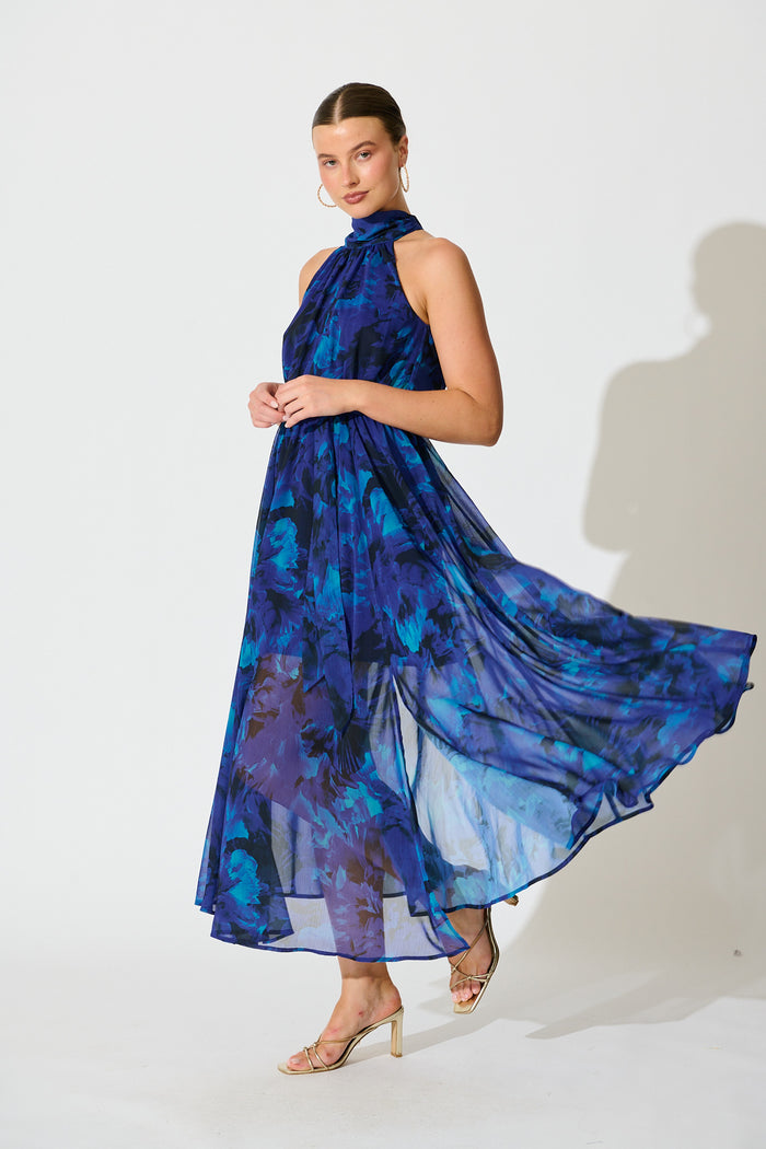 Kiss Me Halter Neck Maxi Dress in Blue Watercolour Print side