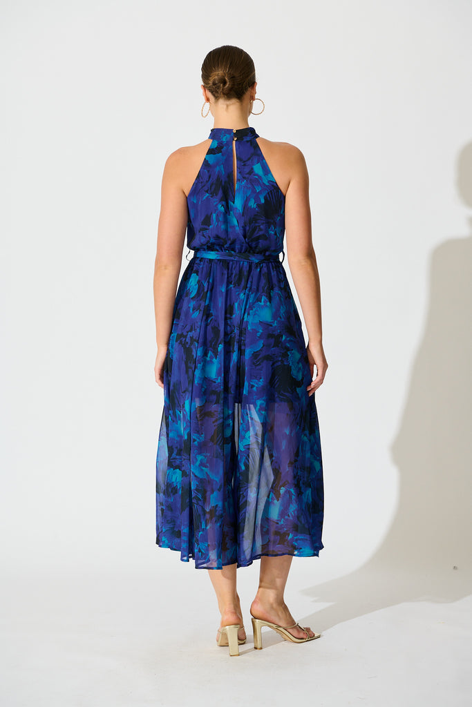 Kiss Me Halter Neck Maxi Dress in Blue Watercolour Print back