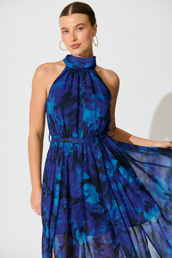 Kiss Me Halter Neck Maxi Dress in Blue Watercolour Print front