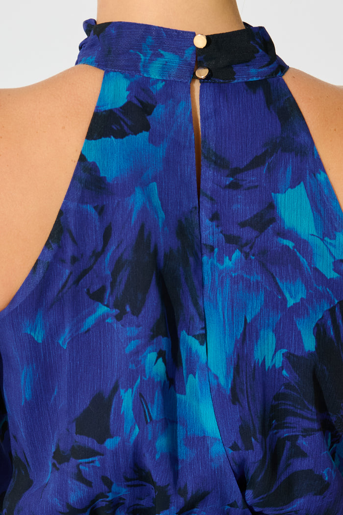 Kiss Me Halter Neck Maxi Dress in Blue Watercolour Print detail
