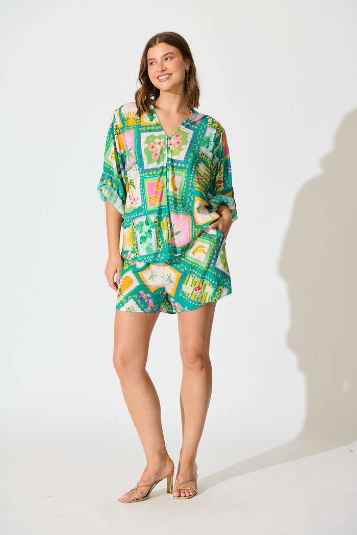 Tile Tropicana Top in Green with Multi Tile Print full length