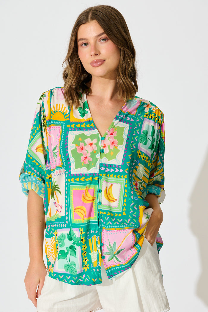 Tile Tropicana Top in Green with Multi Tile Print front