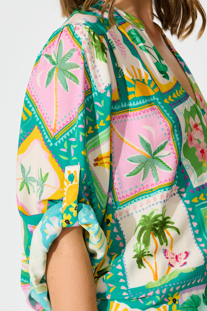 Tile Tropicana Top in Green with Multi Tile Print detail