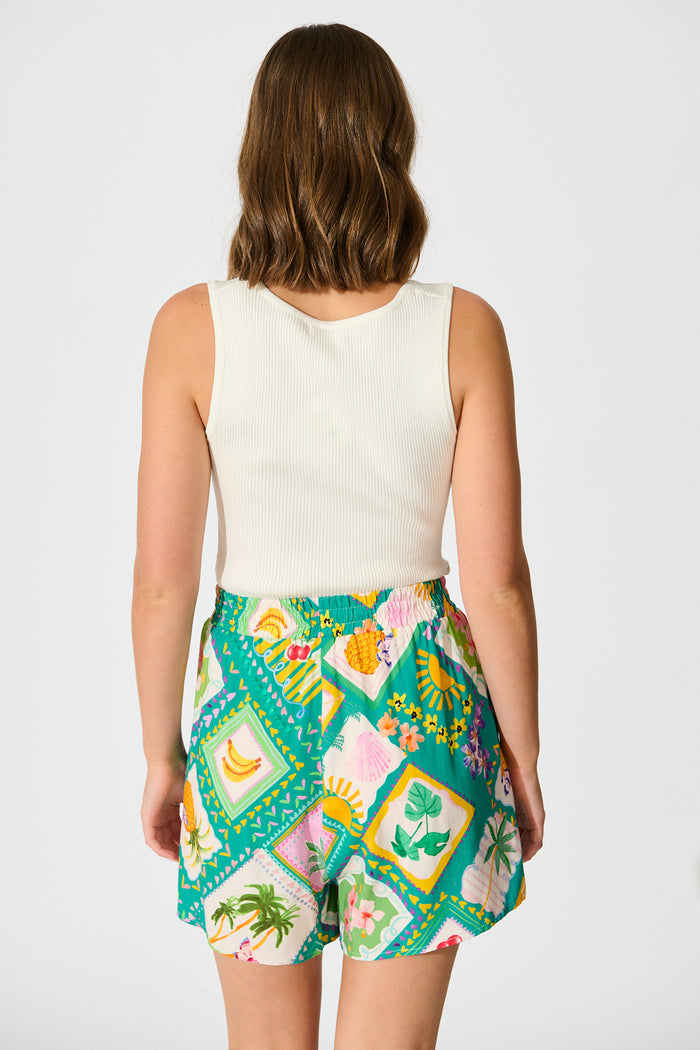Rosewater Short in Green with Multi Tile Print back