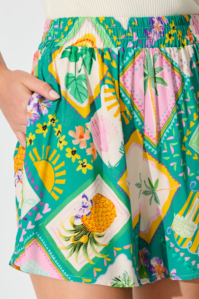 Rosewater Short in Green with Multi Tile Print detail