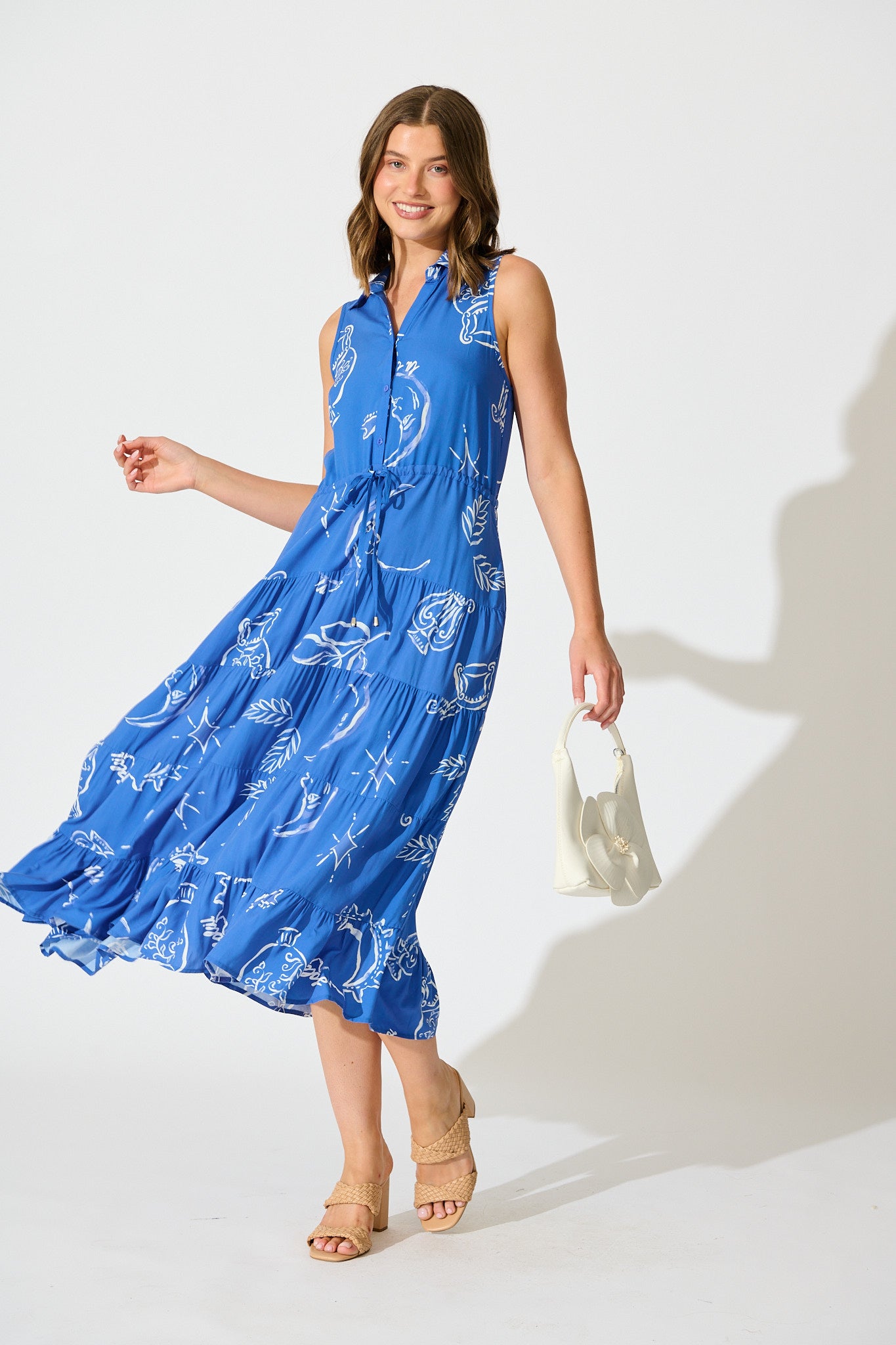 Maelle Midi Dress in Blue with White Print full length