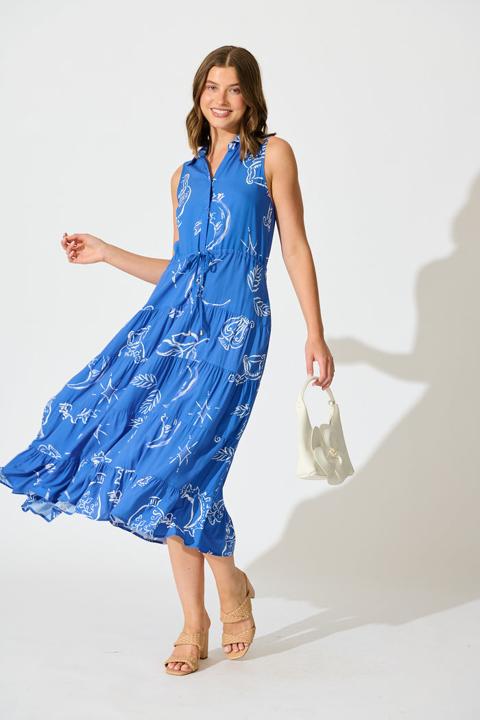 Maelle Midi Dress in Blue with White Print full length