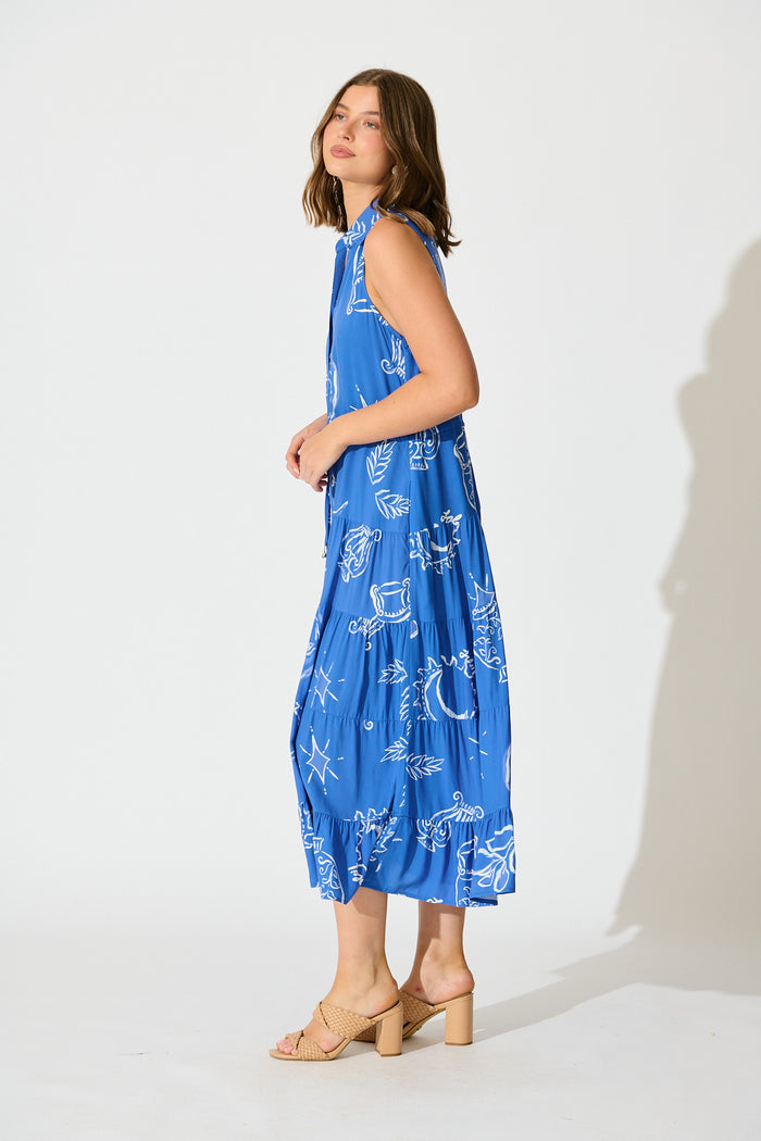 Maelle Midi Dress in Blue with White Print side