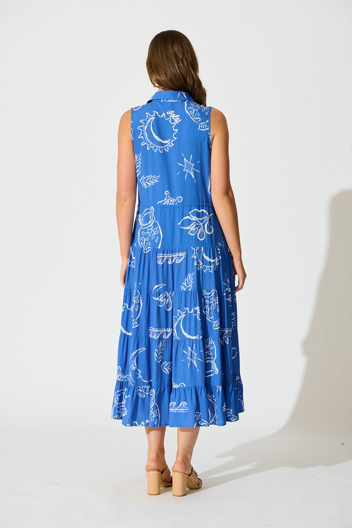 Maelle Midi Dress in Blue with White Print back
