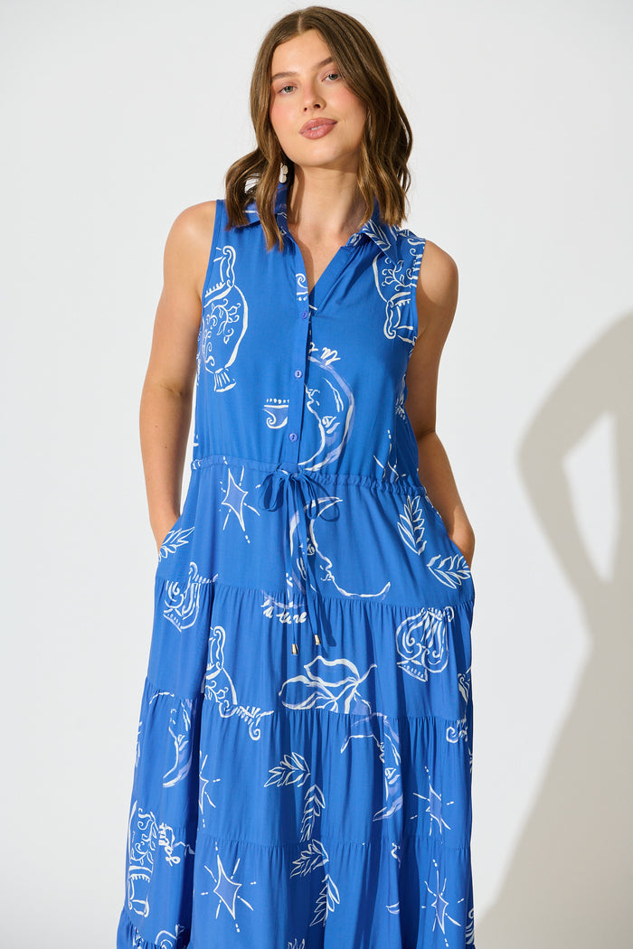Maelle Midi Dress in Blue with White Print front