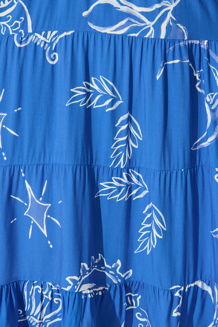 Maelle Midi Dress in Blue with White Print fabric