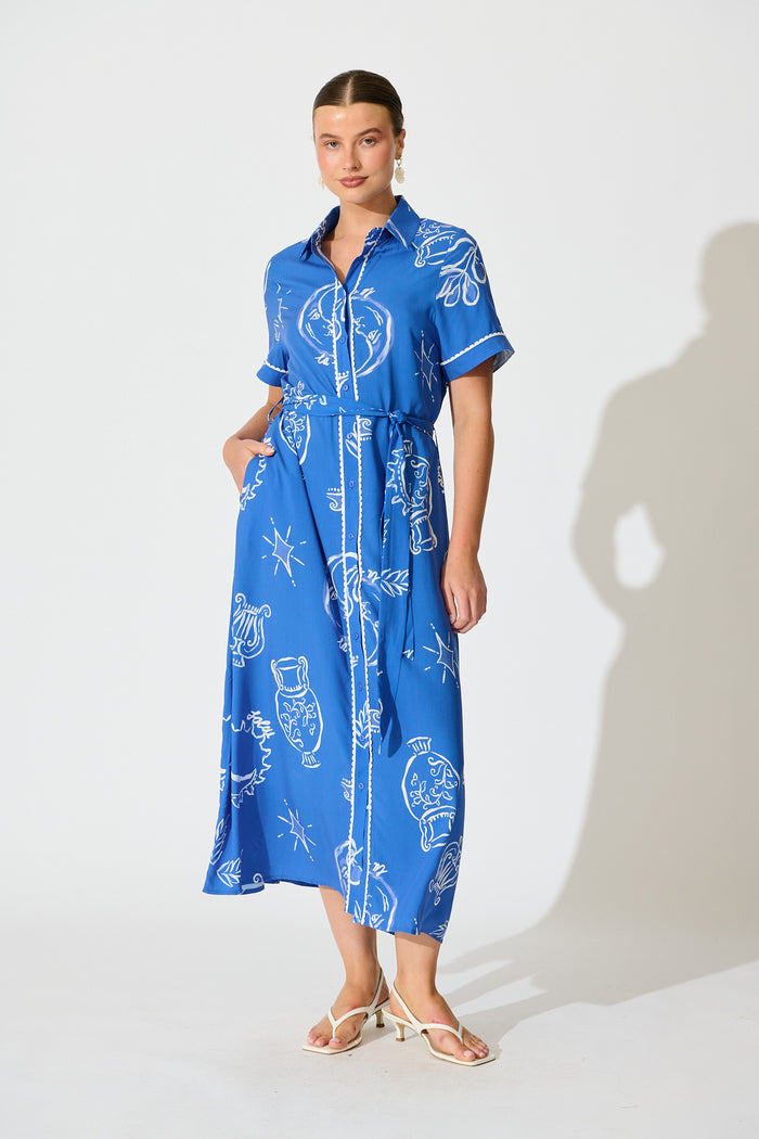 Hope Midi Shirt Dress in Blue with White Print full length