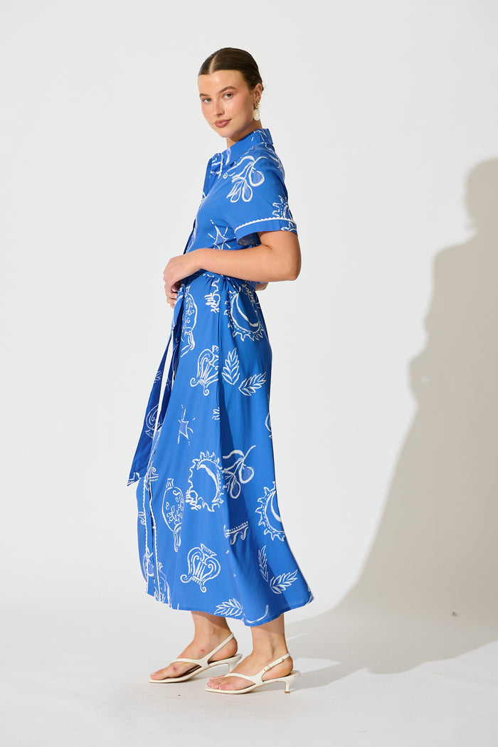 Hope Midi Shirt Dress in Blue with White Print side